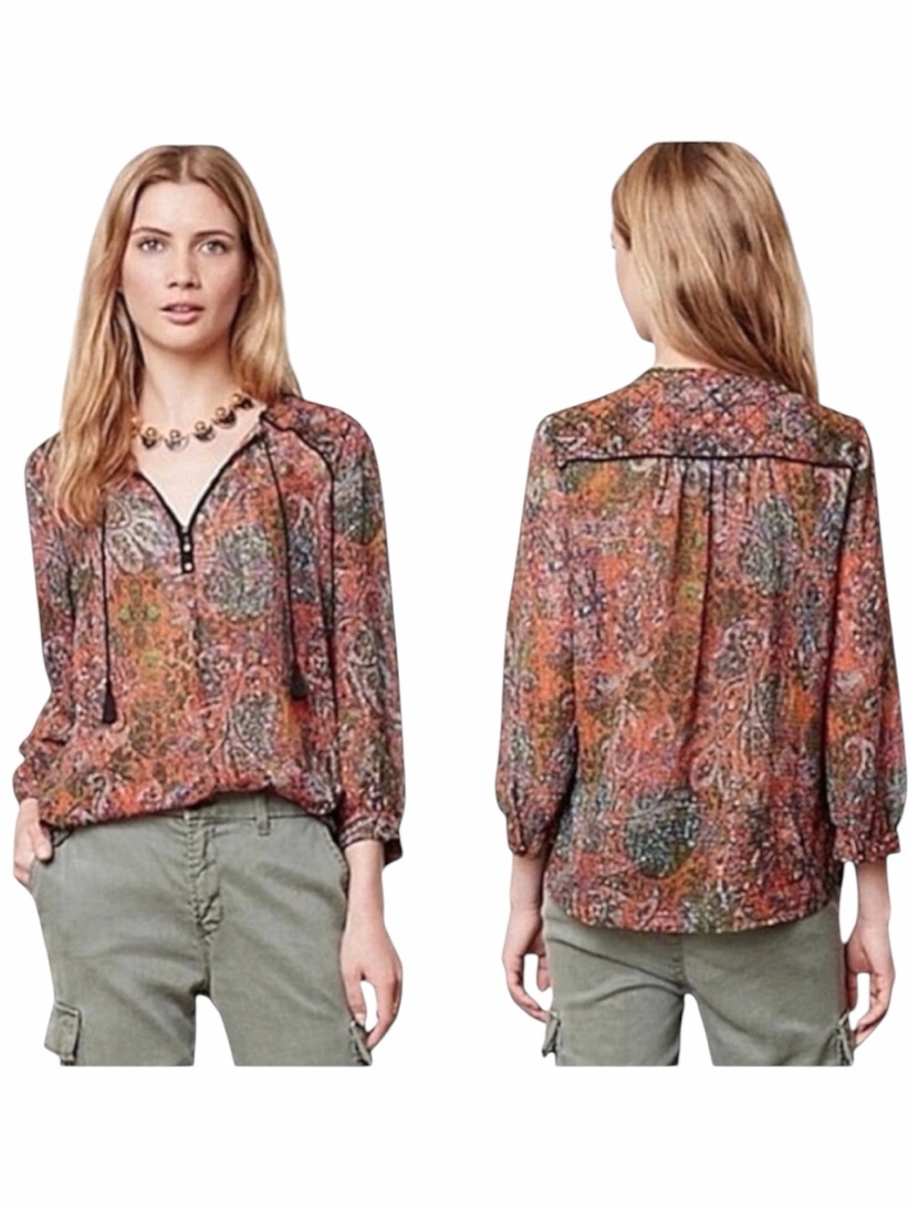 Anthropologie Edme & Esyllte Shirt Women 2 Niya Paisley Chiffon Peasant Blouse